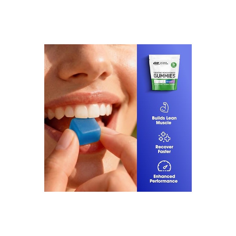 Optimum Nutrition Creatine Monohydrate Gummies, Blue Raspberry Flavor, 105 Count,