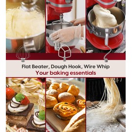 Stainless Steel Accessories 3 Piece Kit for KitchenAid 5.5 and 6 Quart Lift-Up Stand Mixers, Includes 5.5-6QT Flat Beater, Dough Hook, KN256WW 6-Wire Whisk for Kitchen Aid Attachments & 6 Qt Bowl