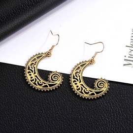Yienate Boho Large Filigree Moon Drop Dangle Earrings Vintage Tribal Hollow Carved Crescent Moon Drop Earrings Gold Gypsy Geometric Totem Statement Earrings Prom Earrings Jewelry for Women Girls