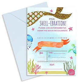 Cute Little Gift Shop Mermaid Birthday Party Invitations for Girls | Under The Sea Kids Invites Pack for Children (10 Pack)