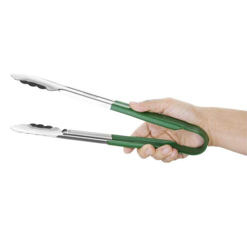 Hygiplas Pro-Grade Kitchen Serving Tongs 300mm, Green Colour Coded -