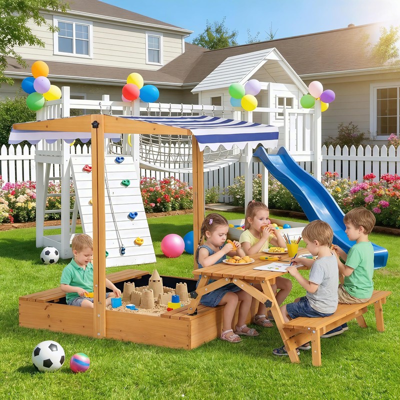Haverchair Kids Wooden Sandbox with Picnic Table, 2-in-1 Large Sand