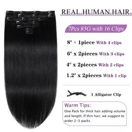 Human Hair Extensions Jet Black Clip in Hair Extensions Real Human Hair 85g Clip in Extension for Women 7Pcs 16 Inch Silky Straight Remy Human Hair #1 Clip ins