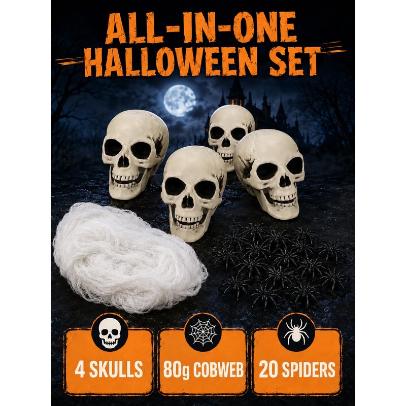 4 Pcs 5in Plastic Skulls Halloween Skeleton Cobweb 20 Spiders