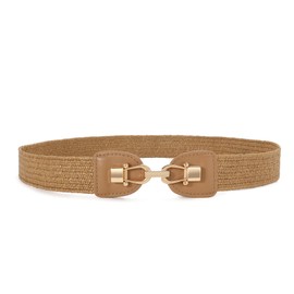 JasGood Straw Woven Elastic Waist Belt for Women, 3.5 cm Width, Stretch Boho Braided Thin Dress Belt, brown