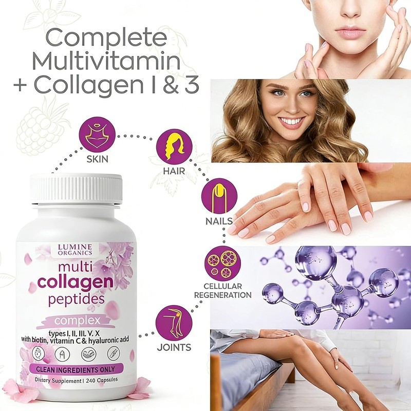 ETUIH Lumine Organics Collagen, Hydrolyzed Collagen Peptides Capsules,Type I,II,III,V,X with