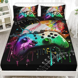 AILONEN Colorful Gamepad Fitted Sheet Twin Size, Modern Gamer with Baseball Bedding Set for Kids Boys,Video Game Bed Sheet Set,Player Gaming Bedsheets Set,1 Fitted Sheet and 2 Pillow Case,3 Piece