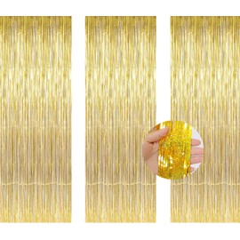 AILEXI 3 Pack 3.2ft*6.56ft Metallic Tinsel Curtains Foil Fringe Shimmer Streamers Curtain Door Window Decoration for Party Supplies - Laser Gold