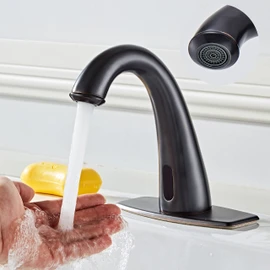 HHOOMMEE Automatic Touchless Bathroom Faucet Motion Sensor Activated Commercial Basin Sink Vantiy Hands Free Auto Off Infrared Mixer with Hole Cover Deck Plate Temperature Control Hot Cold Matte Black