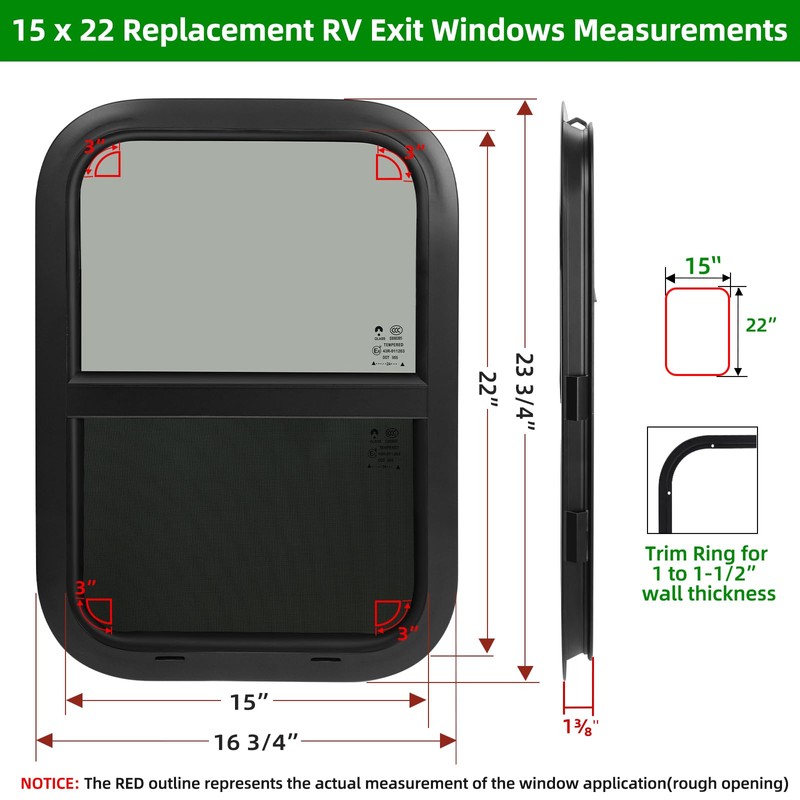 NOVINO RV Windows for Cargo Trailer, 15" W x 22"
