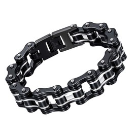 Cupimatch Men's Biker Motorcycle Chain Bracelet Stainless Steel 13 mm Wide Chain High Gloss Polished Rock Bangle Silver, Stainless Steel, black/silver