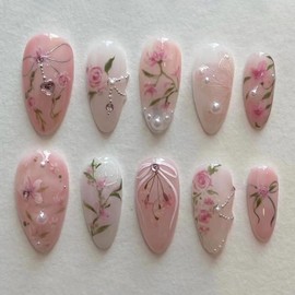 24 Pcs Pink Flower Press on Nails Medium Almond Fake Nails with 3D Pearl Diamond Designs Peach Blossom Glue on Nails Bow False Nails Full Cover Acrylic Nails Stick on Nails for Women Nail Decoration