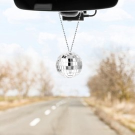 JIEYAO 2Pcs Silver Mirror Disco Ball Car Charm, Bling Disco Ball Hanging Car Accessory Hanging Ornament with Chain for Rearview Mirror Home Party Decor