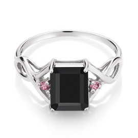 Gem Stone King 2.18 Ct Emerald Cut Black Onyx Pink Lab Grown Diamond 925 Sterling Silver Ring (Size 6)
