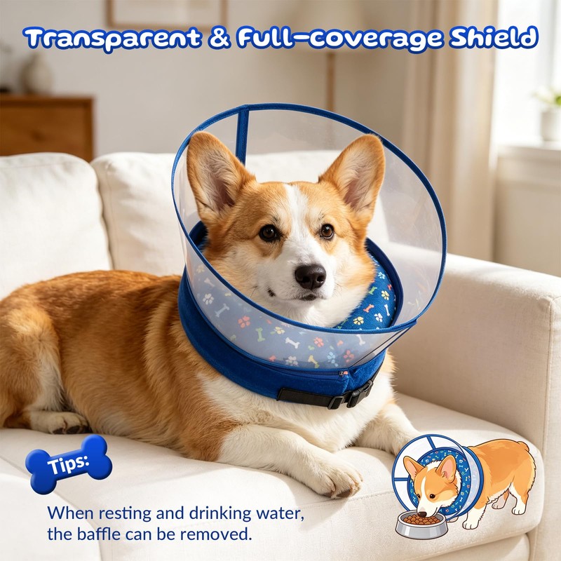 2-in-1 Inflatable Dog Cone Collar, Transparent Anti-Licking Shield with Detachable