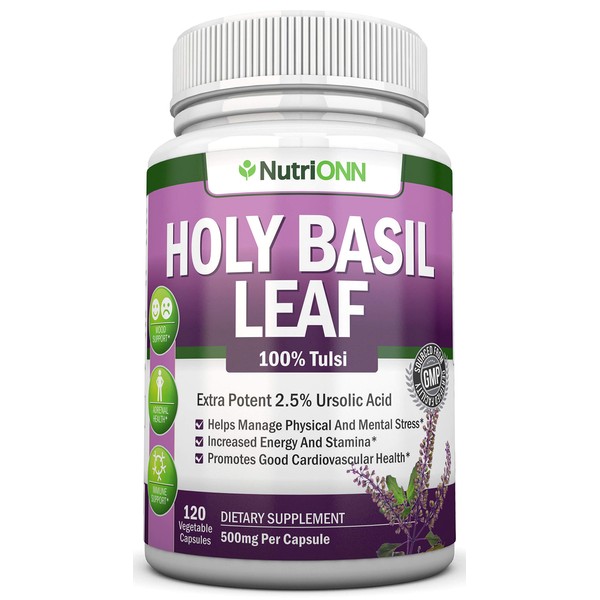 NutriONN Holy Basil Leaf Extract - 500mg - 2.5% Ursolic Acid - 120 Vegan Capsules - Premium Tulsi Leaf Powder Supplement - Powerful Adaptogen - Supports Sleep - Great for Immune System and Heart
