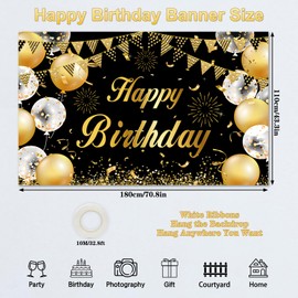 Happy Birthday Backdrop Banner, Happy Birthday Photo Booth Backdrop, Large Fabric Black Gold Sign Poster Background for Men Women Birthday Party Decoration, 70.86 x 43.3 Inch