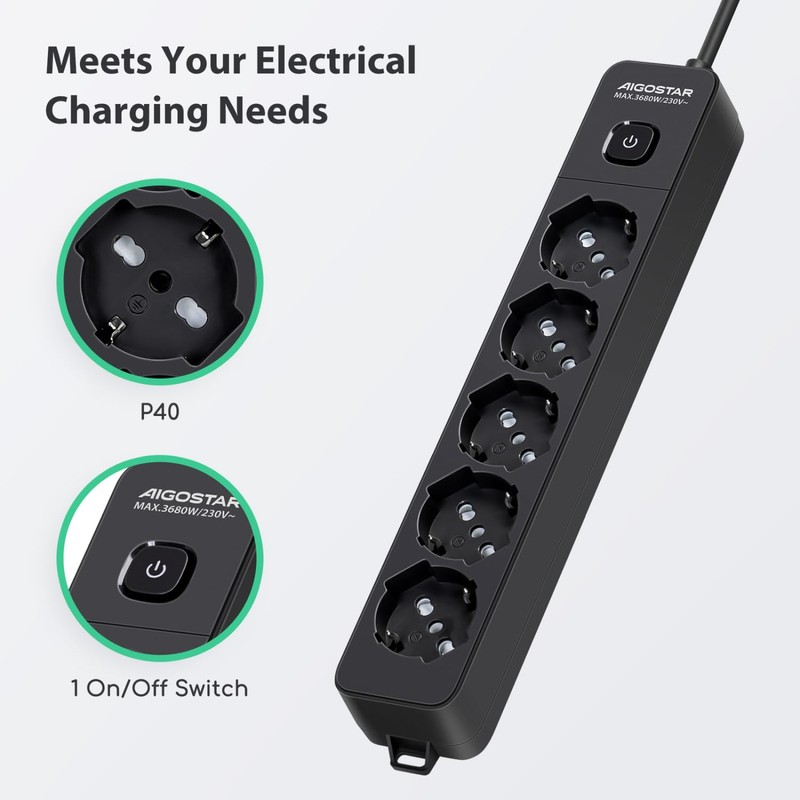 Aigostar 5 Way Power Strip with Switch 250V/3680W 5m Cable