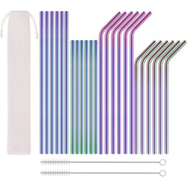 Edelstahl Strohhalm, Wiederverwendbar Edelstahl Trinkhalme, 24 Stück Bunte Strohhalme Metallmit 2 Reinigungsbürsten und 1 Aufbewahrungstasche, Umweltfreundlich Gerade Gebogene Trinkhalme MEHRWEG