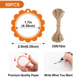 jijAcraft 50Pcs Blank Gift Tags with String, 2.5Inch Orange Dot Scalloped Round Blank Hangtag, White Writable Paper Tags for Gift Wrapping, DIY Crafts, Toys