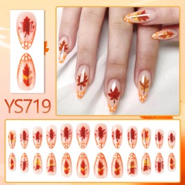 Fall Press on Nails Thanksgiving Medium Almond Fake Nails with Designs Maple Leaf Orange French Tip Glue on Nails 24 Pcs Reusable Acrylic Nail for Women WYFHDT