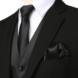ZEROYAA Men's Solid 4pc Shiny Satin Vest Necktie Bowtie Pocket Square Set for Suit or Tuxedo ZLSV12 Black Small