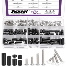Swpeet 245Pcs 3/8" 1/2" 3/4" 1" Length 6-32 Thread Wall Plate Screws with M4×3/5/8/10/15/20mm Black Nylon Round Spacer Standoff Screw Nut Kit, Slotted Screws for Wall Plate, Switch Plate Screws