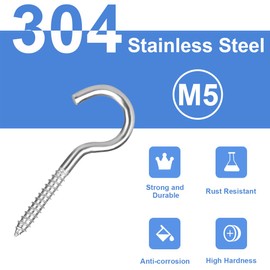 Ruayia Screw Hooks, Stainless Steel, Pack of 4, M5 x 65 mm, 304 Stainless Steel, Self-Tapping, Eye Screws, Ceiling Hooks, Hook Screw, Screw Nails Eyelets Screw for DIY Cork Crafts Hanging Wooden