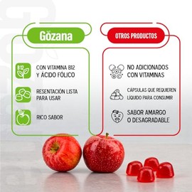 CMD - GOZANA - Gomitas de vinagre de manzana, Ácido fólico y Vitamina B12 - Suplemento Alimenticio Sin Azúcar Sabor Manzana - 1 Frasco con 60 gomitas 