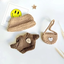 17cm Doll Clothes Set (Doll Not Included) -3-Piece-Handmade -Hat Clothes BackpackCrochet Outfit, ChicStylish Adorable Dolls Clothes Accessories [Brown]
