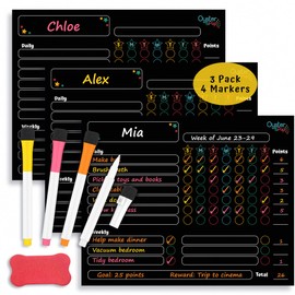 Black Magnetic Chore Charts for Multiple Kids & Adults - 3Pcs Dry Erase Chore Boards Set with 4 Fine Tip Chalk Markers - Responsibility & Reward Charts for Family Organization on Your Refrigerator