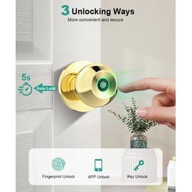 Fingerprint Door Lock, Smart Fingerprint Door Knob with Lock, Biometric Door knob with App Control & Key, Keyless Thumbprint Entry Door Lock for Bedroom, Front Door, Home, Apartment-Polished Brass