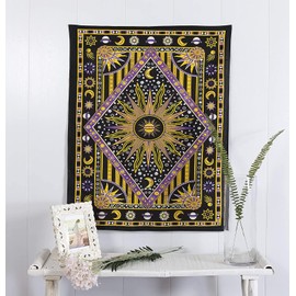 raajsee Burning Sun Yellow Tapestry Bedroom Aesthetic- Zodiac Mandala Tarot Tapestry Wall Hanging Cotton Celestial Wall Décor Burning Sun Tapestries Trippy - Boho Hippie 52x60 inch