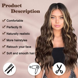NAYOO Long Brown Mixed Blonde Wavy Wig for Women 26 Inch Middle Part Curly Wavy Wig Natural Looking Synthetic Heat Resistant Fiber for Daily Party (Brown Mixed Blonde)