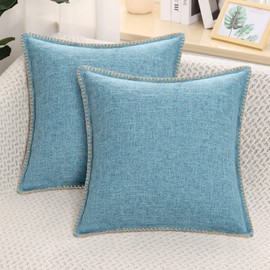 decorUhome Set of 2 Linen Cushion Covers 45X45cm,Decorative Outdoor Plain Vintage Cushion Covers with Stitched Edges, Square Farmhouse Neutral Pillow case 18x18 Inch for Sofa, Blue