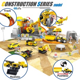 Frontoytall Construction Vehicles Track Set with Excavator, Dump Truck, Wheel Loader, Rotating Crane & Play Mat, Learning Educational STEM Building Toy for Kids Ages 3-12 (ASTM Certified)