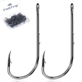 FishTrip Baitholder Hooks Fishing Offset- 100pcs Bait Holder Fish Hook Double Barbed/Long Shank/Closed Eye/Black for Fishing Rigs Freshwater Saltwater 5/0