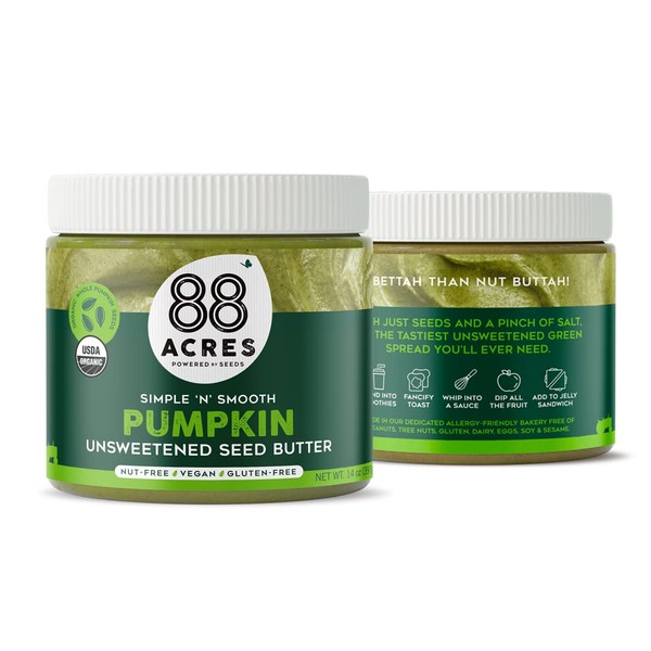 88 Acres Organic Pumpkin Seed Butter | Unsweetened | Keto-Friendly, Gluten Free, Dairy Free, Nut-Free Seed Butter Spread | Vegan & Non GMO | 2 Pack, 14 oz