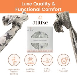 Atluxe Premium Baby Swaddle Blanket - 2 Pack Muslin Swaddle Blankets Neutral, Softness Upgrade, Breathable 47''x47'' Nursery Wrap for Boys & Girls - Unisex, 70% Viscose from Bamboo, 30% Cotton (Gray)