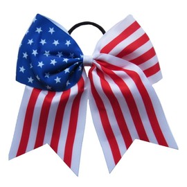 New "AMERICAN FLAG" Cheer Hair Bow Pony Tail 7 Inch Cheerleading Practice Football Games Uniform Hairbow Grosgrain Ribbon 4th of July Patriotic Stars & Stripes