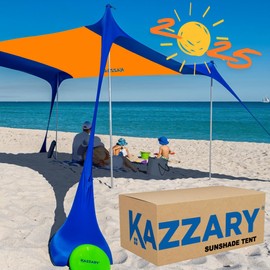 KAZZARY Beach Tent, UPF50+ 7.5x7 ft Sun Shade Canopy with Sandbags, 4 Stability Poles, Ground Pegs, Flying Disc Sand Shovel. Lightweight Sunshade Shelter, 7ft Tall for Camping Outdoor Trips and Sports