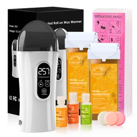 Roll-On Wax Device Set, Demine Waxing Set for Wax Hair Removal, Digital Wax Machine with 2 Honey Roll-On Wax Cartridges, 100 Fleece Strips, Waxing Pre- and Post-Treatment Set