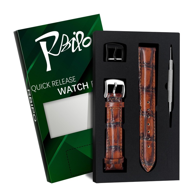 RBIPO Genuine Leather Watch Strap, Alligator Grain Quick Release Replacement