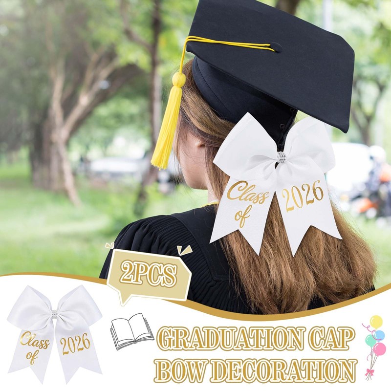 2 Pcs White Graduation Bow Class of 2026 Graduation Cap
