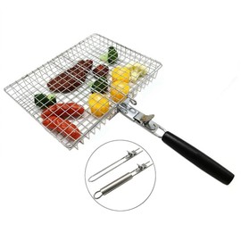 Grill Basket with Heat Resistant Gloves and Grilling Skewers Large Stainless Steel BBQ Basket for Outdoor Camping with Removable Handle for Veggies, Fish, Shrimp, Steaks, Chicken Barbeque Accessories