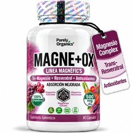 Magnesio Complex con Resveratrol, Glicinato, Gluconato y Citrato de Magnesio, Vitamina C, 90 Cápsulas, Suplemento Alimenticio para Hombres y Mujeres Adultos de Purely Organics - Magne+OX