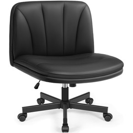 Prime Criss Cross Office Chair, Comfy Wide PU Leather Armless Cross Legged Desk Chair with Wheels Adjustable Swivel Computer Office Desk Chairs for Home, Make Up, Bed Room