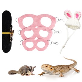 Bearded Dragon Harness and Leash with Bunny Ears Set, Bearded Dragon Hats, Reptile Leash and Cute Hat, Costume Small Reptile Supplies for Gecko Squirrel (Pink Bunny)