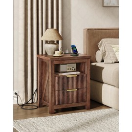 CHOEZON Fluted Nightstand, End Table with Charging Station and 2 Drawers, Farmhouse Nightstands with Fluted Panel, Engineered Wood Side Table for Bedroom Walnut MBZ06UHT