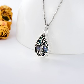 TOUPOP Teardrop Tree of Life Urn Necklace for Ashes Sterling Silver Abalone Shell Tree of Life Cremation Jewelry w/Funnel Filler Memorial Jewelry Gifts for Women Men